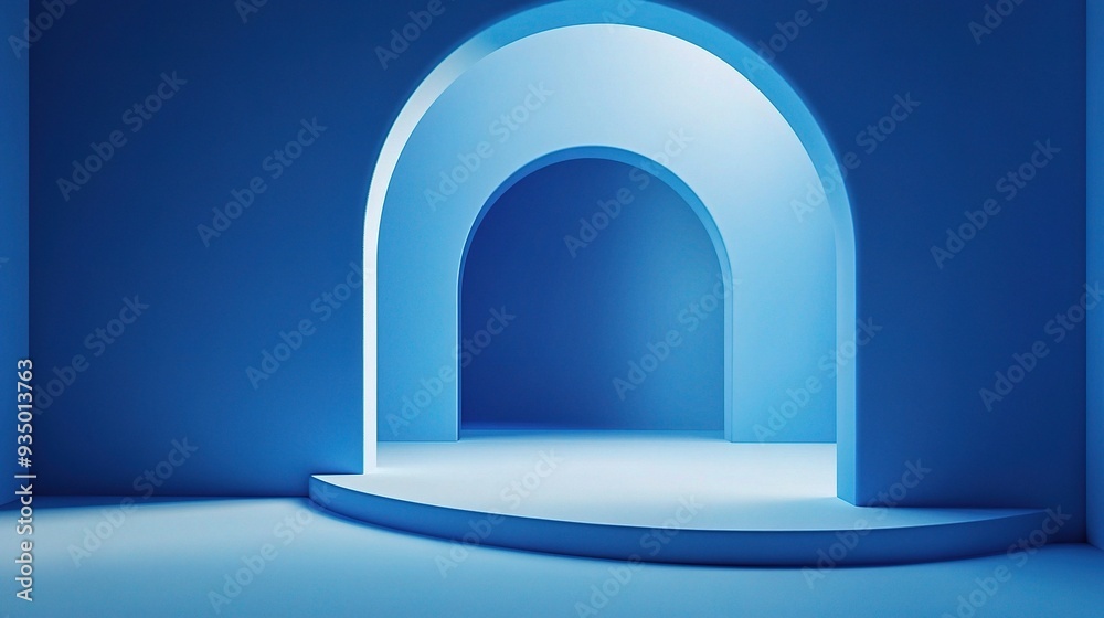 Blue Abstract Archway: A minimalist, abstract scene featuring a series of archways and a platform in a serene blue hue. The image evokes a sense of mystery and possibility, with the arches leading the Blue Abstract Archway: A minimalist, abstract scene featuring a series of archways and a platform in a serene blue hue. The image evokes a sense of mystery and possibility, with the arches leading the