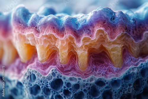 Microscopic examination of a perfect tooth showing detailed layers of enamel, dentin, and pulp, realistic, high detail, 8k photo