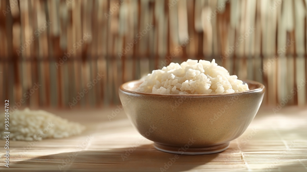 bowl of perfectly cooked white rice in a ceramic bowl, set against a glossy bamboo background. bowl of perfectly cooked white rice in a ceramic bowl, set against a glossy bamboo background.