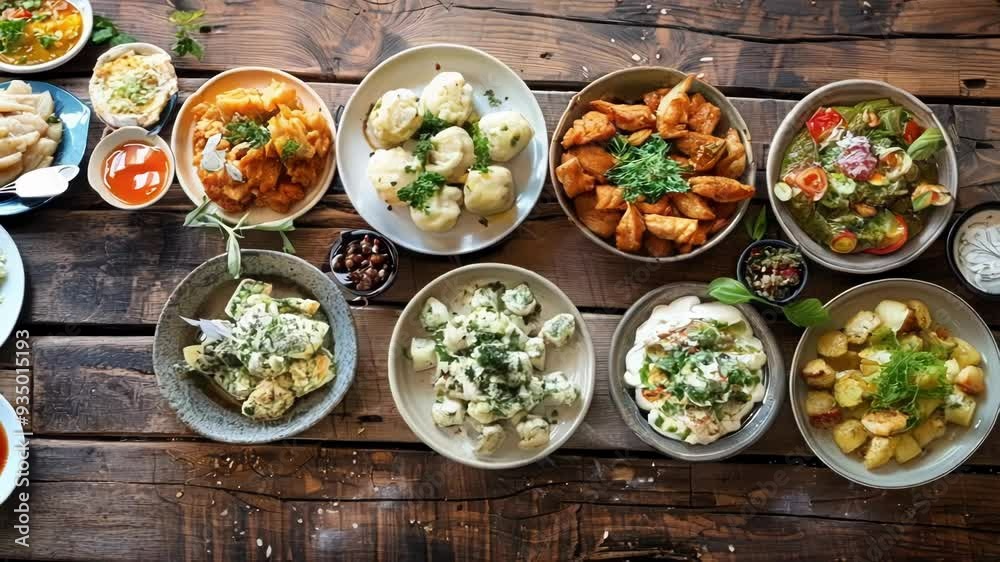 Charming spread of gourmet dishes on a rustic wooden table, showcasing culinary artistry and a love for food in a top down view Charming spread of gourmet dishes on a rustic wooden table, showcasing culinary artistry and a love for food in a top down view