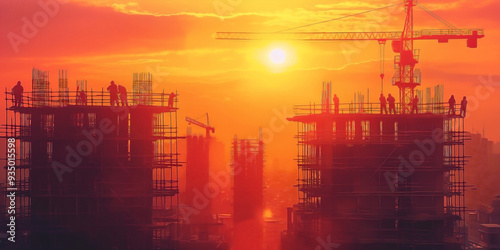 A bustling building construction site with sleek modern concrete and steel structures rising towards the sky