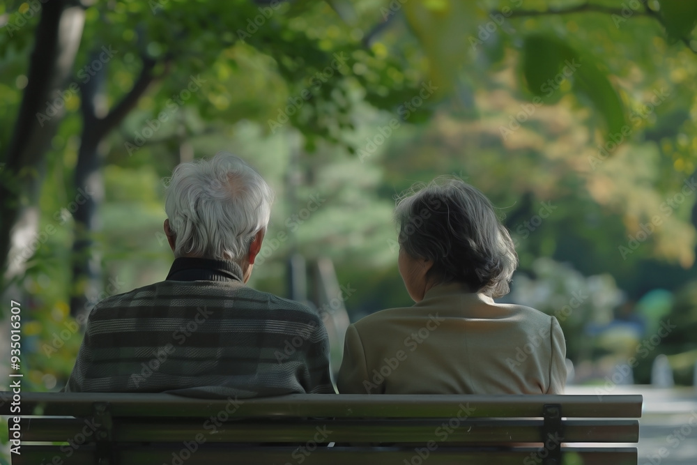 Fototapeta premium rear view of an elderly couple sitting on a bench, capturing a serene moment of rest in the park. 