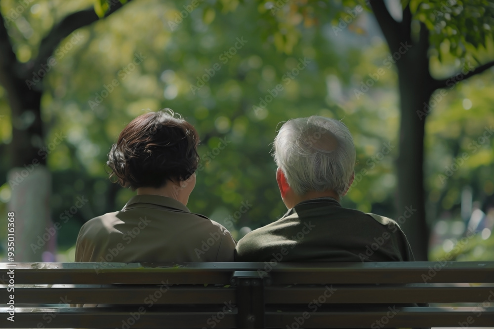 Fototapeta premium rear view of an elderly couple sitting on a bench, capturing a serene moment of rest in the park. 