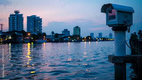 Security Camera overlooking a City Canal at Dusk photo