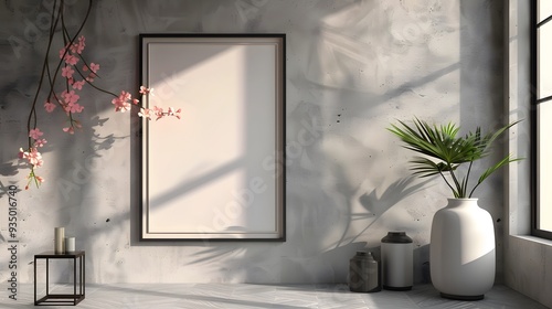 A digital mock-up of a poster frame hanging on a wall in a chic, minimalist interior setting photo