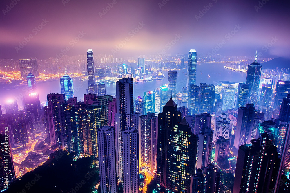 A panoramic view of a citys skyline at night A panoramic view of a citys skyline at night