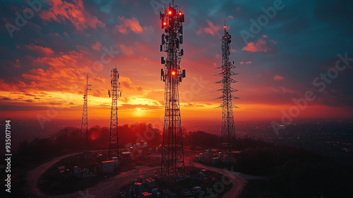 Communication via cell towers in telecommunication, with signals radiating, tower networks, and connected devices photo