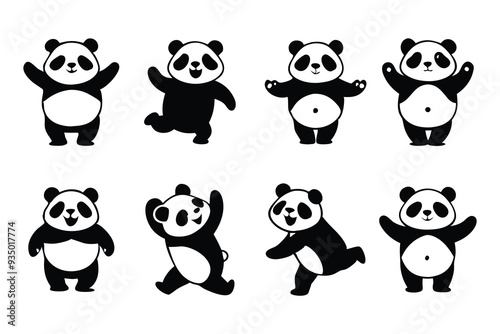 panda jump stand walk other pose black silhouette flat vector illustration.