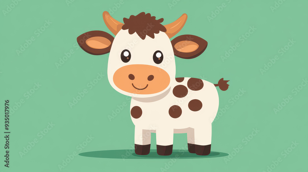 Fun cartoon cow with brown spots on a vibrant green backdrop. A whimsical flat illustration in a playful style.