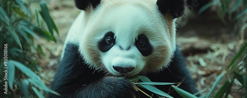 Closeup of an endangered panda eating bamboo in a protected reserve, species conservation, habitat protection photo