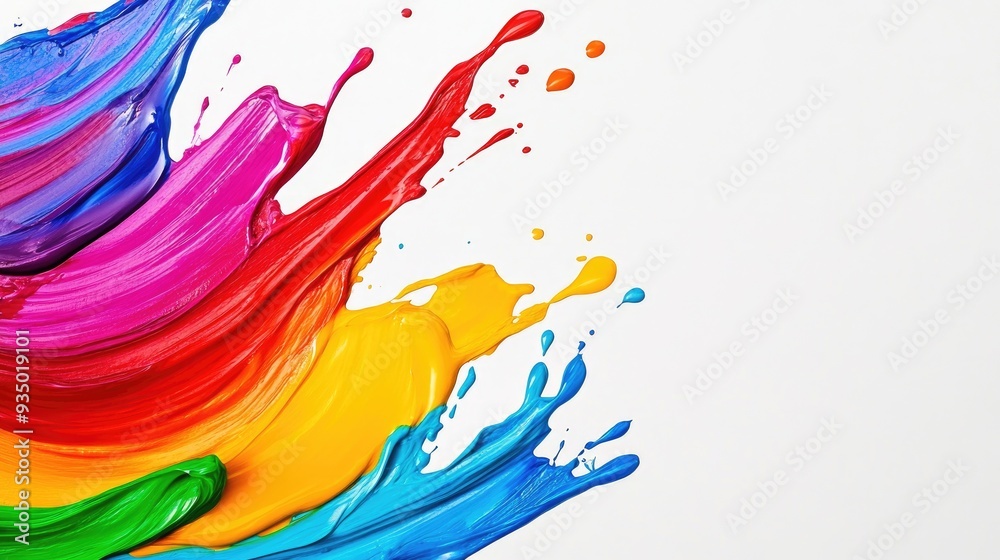 Vibrant rainbow paint splatters and strokes on white background. Vibrant rainbow paint splatters and strokes on white background.