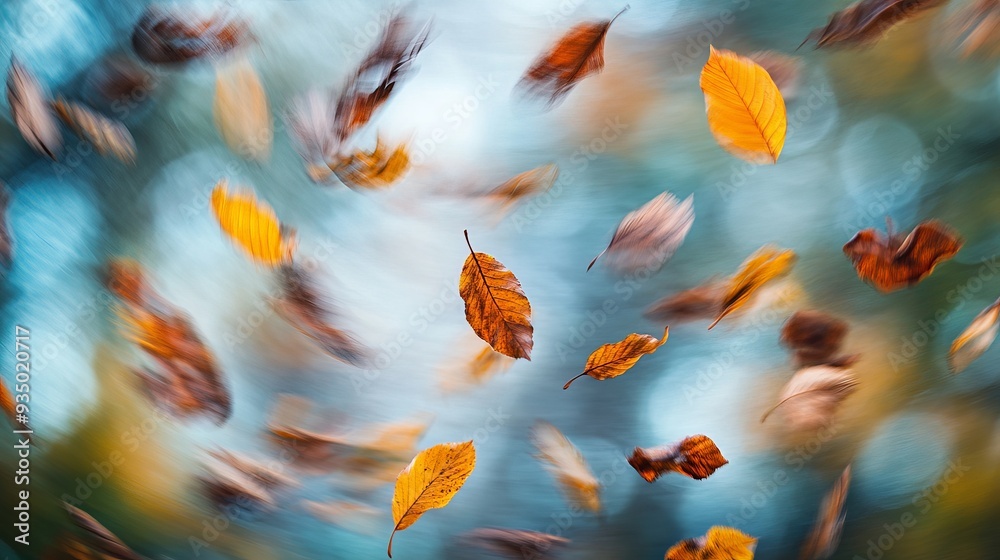 Golden and Brown Leaves Swirling Through the Air on a Crisp Autumn Day Golden and Brown Leaves Swirling Through the Air on a Crisp Autumn Day