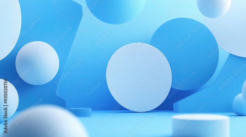 Abstract Blue Geometric Background: A serene and minimalist backdrop featuring floating geometric shapes in shades of blue. 