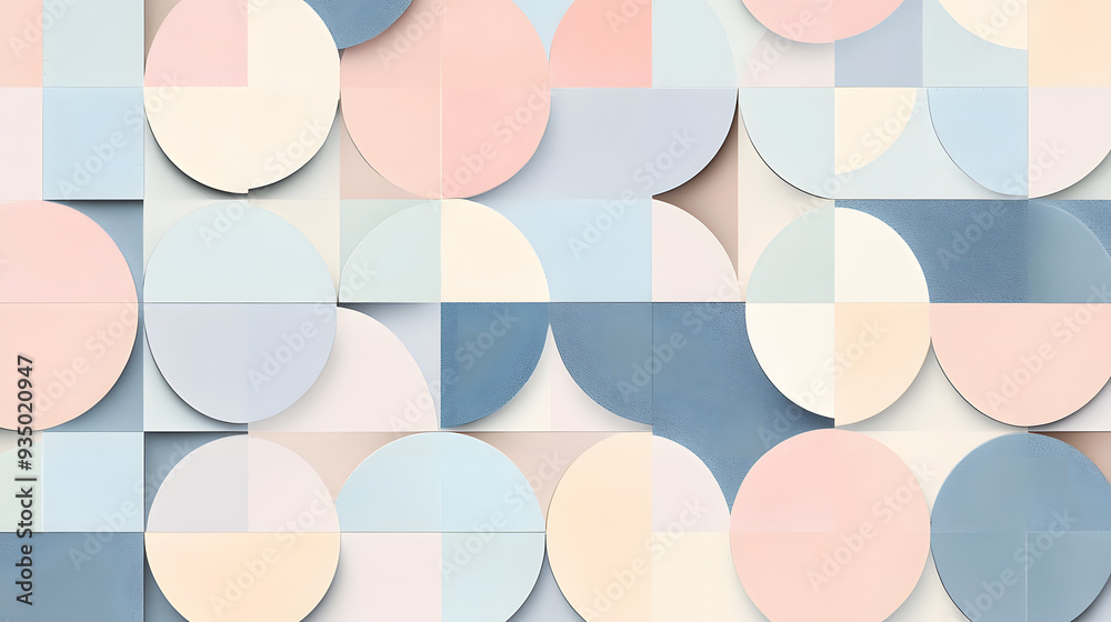 A pattern of geometric shapes featuring circles and squares in soft pastel colors, including light blue, pink, beige, and white, arranged symmetrically. A pattern of geometric shapes featuring circles and squares in soft pastel colors, including light blue, pink, beige, and white, arranged symmetrically.
