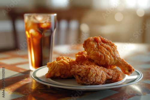 Photorealistic Still Life of Fried Chicken and Cola on a Table with Blurry Background, Capturing Villagecore Aesthetics in UHD with Cabincore Elements and Enhanced RTX On Rendering photo