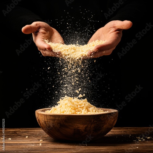 Grating Parmesan Cheese Wheel into Rustic Wooden Bowl - Flakes of Deliciousness photo