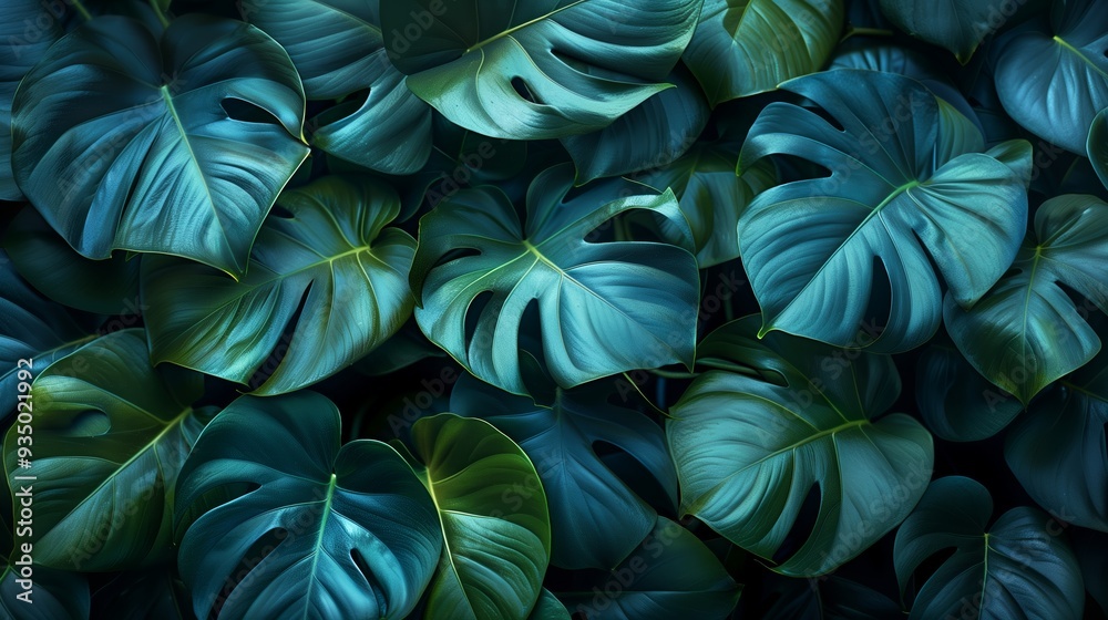 Vibrant Green Monstera Leaves Overlapping Each Other in a Lush Tropical Environment Vibrant Green Monstera Leaves Overlapping Each Other in a Lush Tropical Environment