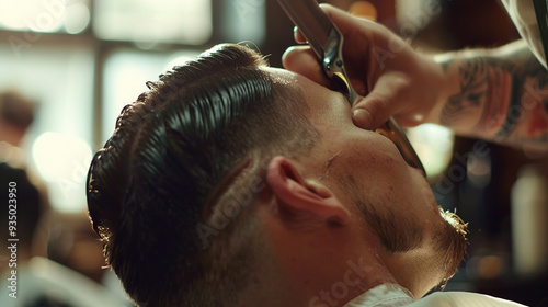 Barber Trimming a Man's Beard