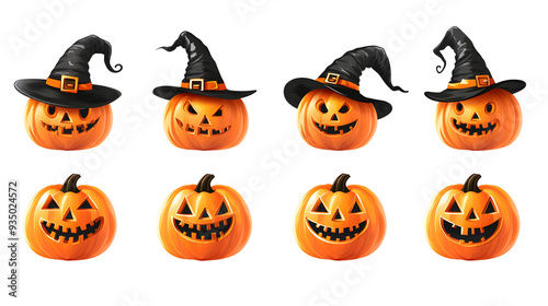 Set of Halloween pumpkins with witch hats isolated on a transparent background