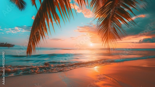 Tropical sea beach colorful sky sand sunset light. Relaxation landscape, horizon with palm trees and calm sea. Romantic couple seaside beach, shore coast nature. Gorgeous landscape, stunning sky , ai