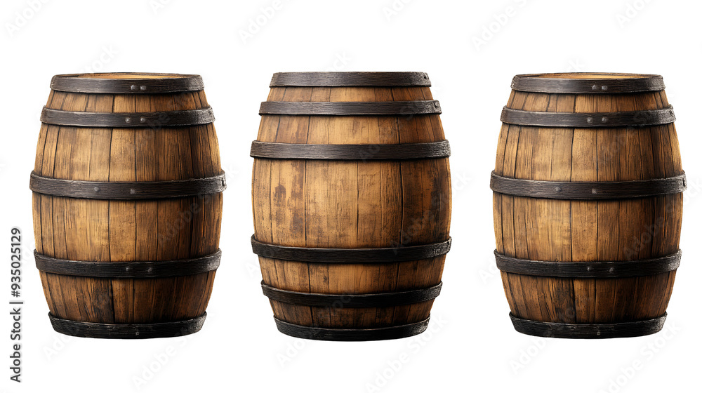 Fototapeta premium Set of wooden barrels isolated on a transparent background