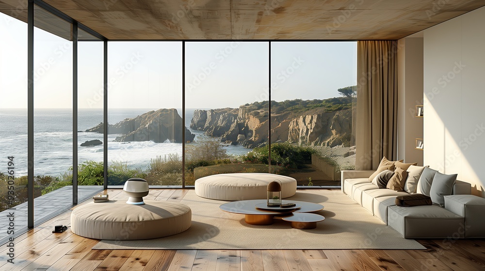 Fototapeta premium Modern Living Room With Coastal Views Overlooking Cliffs at Sunset