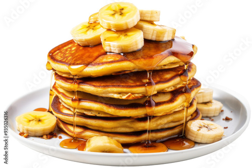 Golden Stack of Pancakes with Banana Slices and Syrup isolate on transparency background PNG