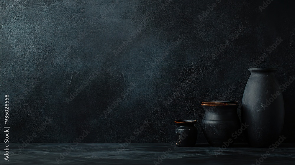 Dark Elegance: Three clay vessels stand against a moody backdrop, their earthy tones whispering tales of ancient craftsmanship and artistic simplicity. Dark Elegance: Three clay vessels stand against a moody backdrop, their earthy tones whispering tales of ancient craftsmanship and artistic simplicity.