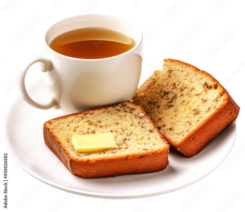 Perfect Morning Bite: Buttered banana bread slices paired with a steaming cup of tea, a comforting breakfast scene isolate on transparency background PNG