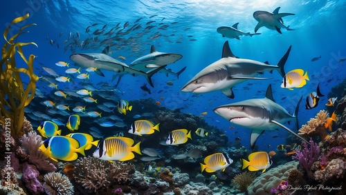 Underwater Wildlife Diversity. Species ranging from colorful fish and corals to majestic sharks and rays. Realistic marine life video. photo