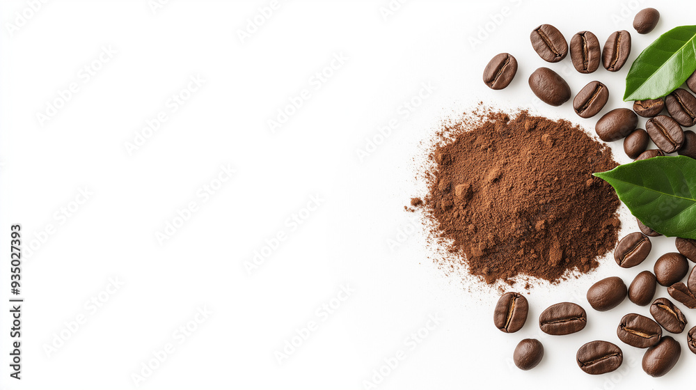 extreme close up, texture, flatlay realistic photography coffee beans lay on coffee powder flow isolated on white background, carefully design setup arrangment, bright lighitng, extreme close up, texture, flatlay realistic photography coffee beans lay on coffee powder flow isolated on white background, carefully design setup arrangment, bright lighitng,