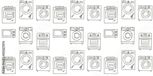 The set of doodle line drawings household appliances on white background