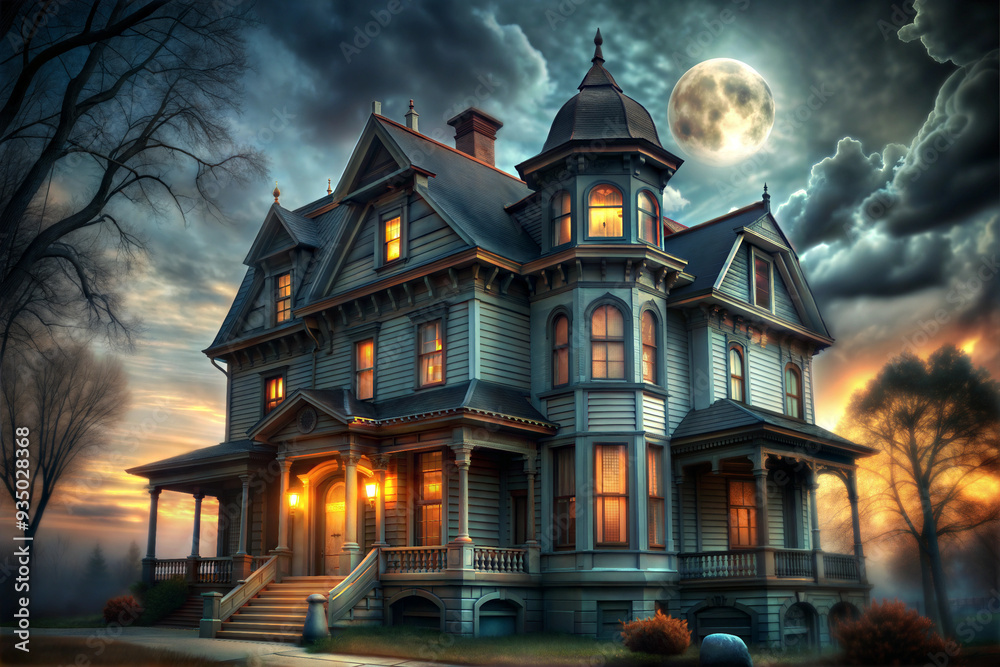 Haunted Victorian house with eerie mood illuminated at night under a full moon Haunted Victorian house with eerie mood illuminated at night under a full moon