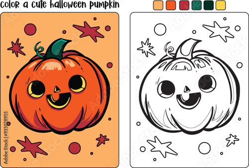 Halloween pumpkin coloring pages for kids. Handdrawn autumn illustration with a funny pumpkin. Doodle pumpkin Trick or treat. Spooky cute face Pumpkin. Vector colouring page in cartoon style.