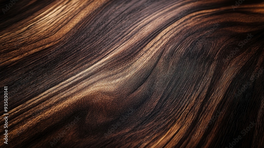 Naklejka premium Ebony Elegance: Rich, swirling grain of exotic hardwood, a symphony of nature's artistry. 