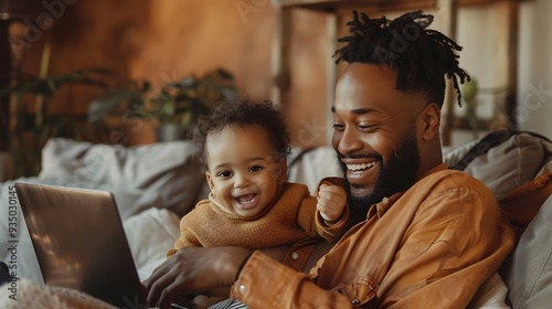 Father and Child Bonding During Remote Work at Home on Couch