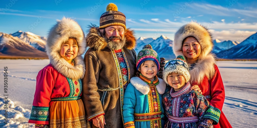 Fototapeta premium Colorful traditional clothing adorns smiling faces of a close-knit family, proudly posing together amidst a serene Arctic landscape in Alaska's winter wonderland.