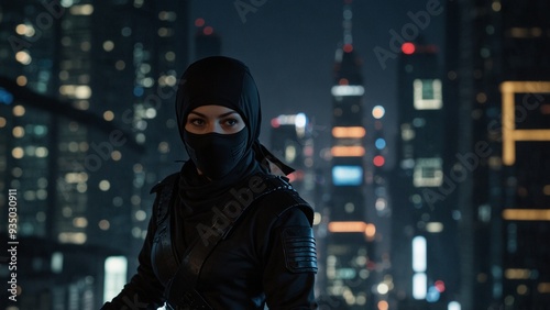 A female ninja stealthily moves through the city at night, with skyscrapers and flashing neon lights in the background.