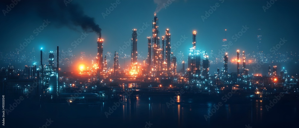 Fototapeta premium Detailed view of an illuminated petrochemical refining and purification facility skyline at night with industrial structures tanks and pipes reflecting in the water