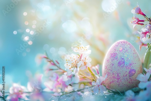 Abstract Fantasy Easter egg and spring flowers on bokeh background. Happy Easter with generative ai