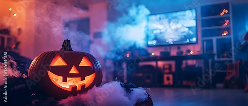 Photography of a Halloween Party with Video Game Inspired Decor and Eerie Moody Lighting An Ominous and Haunting Atmosphere with a Glowing Pumpkin Jack O Lantern and Smoke or Fog Effects