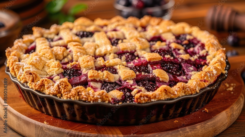 Close-up of a freshly baked blueberry cobbler with a crumbled topping, served on a rustic wooden board, showcasing a delicious, sweet dessert with a natural, homemade charm. Close-up of a freshly baked blueberry cobbler with a crumbled topping, served on a rustic wooden board, showcasing a delicious, sweet dessert with a natural, homemade charm.
