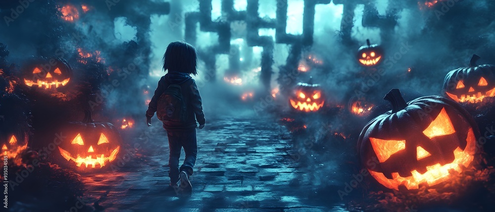 Obraz premium Haunting Image of a Video Game Character Battling Halloween themed Monsters in a Spooky Fog Shrouded Maze Photography Concept with Copy Space for Text