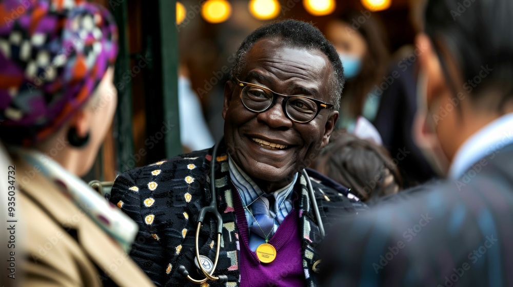 Smiling man with a stethoscope and a gold pendant, talking with a woman. Smiling man with a stethoscope and a gold pendant, talking with a woman.
