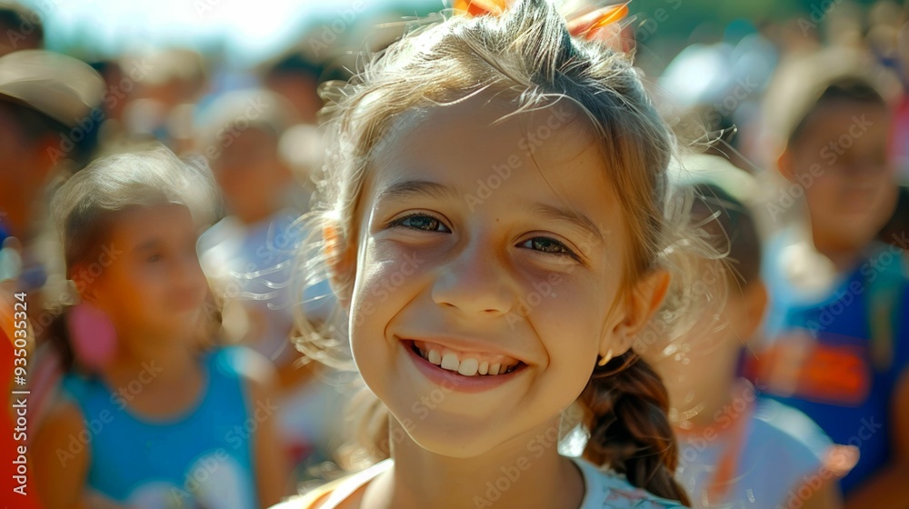 A young girl with blonde hair smiles brightly in a crowd A young girl with blonde hair smiles brightly in a crowd