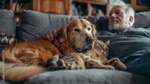 A man sits comfortably on a sofa, gently petting his golden retriever while the cat curls up beside him, creating a peaceful atmosphere in their cozy living room