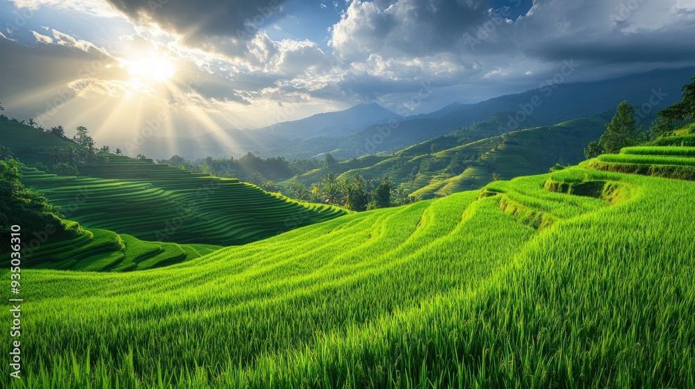 Fototapeta premium Fresh large green rice field on the morning landscape.