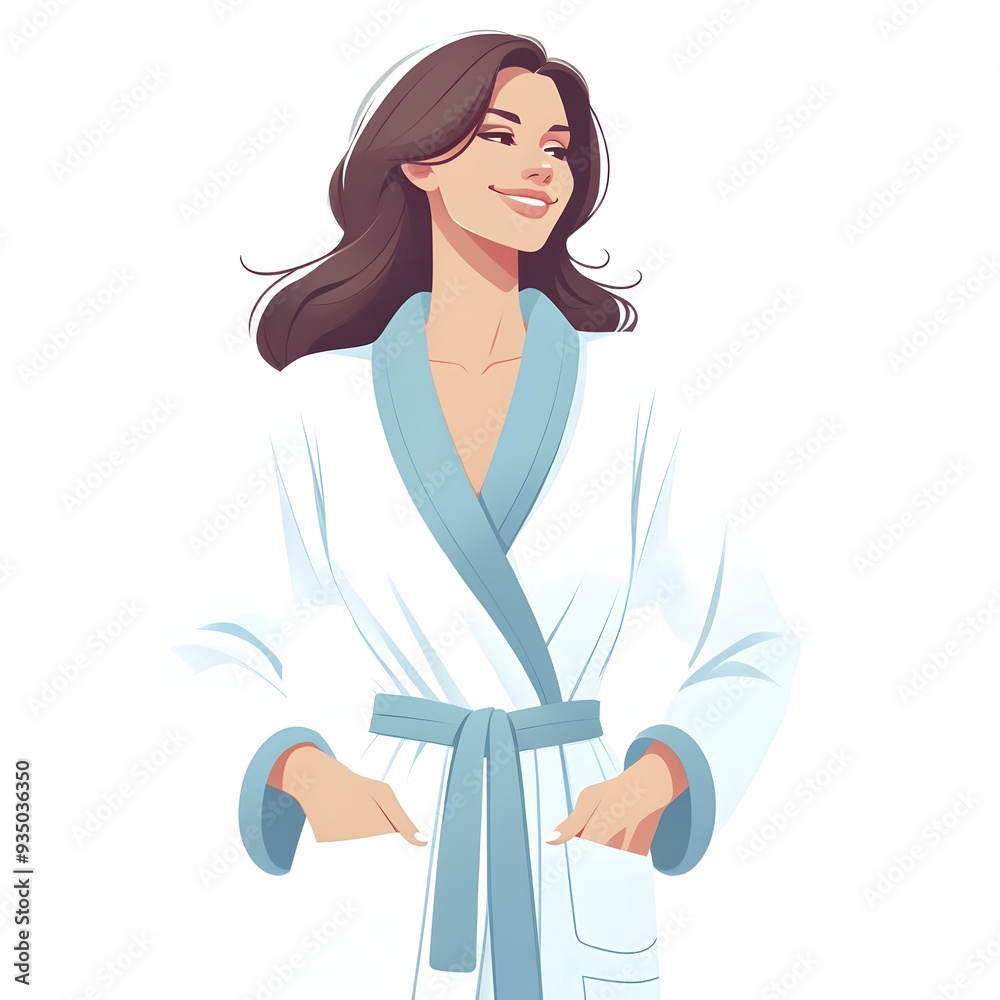 フラットなイラストスタイルで描かれた女性がバスローブを着用してリラックスしている様子。女性は柔らかい波打つ髪型で、明るい笑顔を浮かべています。白いバスローブに青い縁取りが施されており、ポケットに手を入れたリラックスした姿勢が特徴です。全体的にリフレッシュした穏やかな雰囲気を醸し出しています。