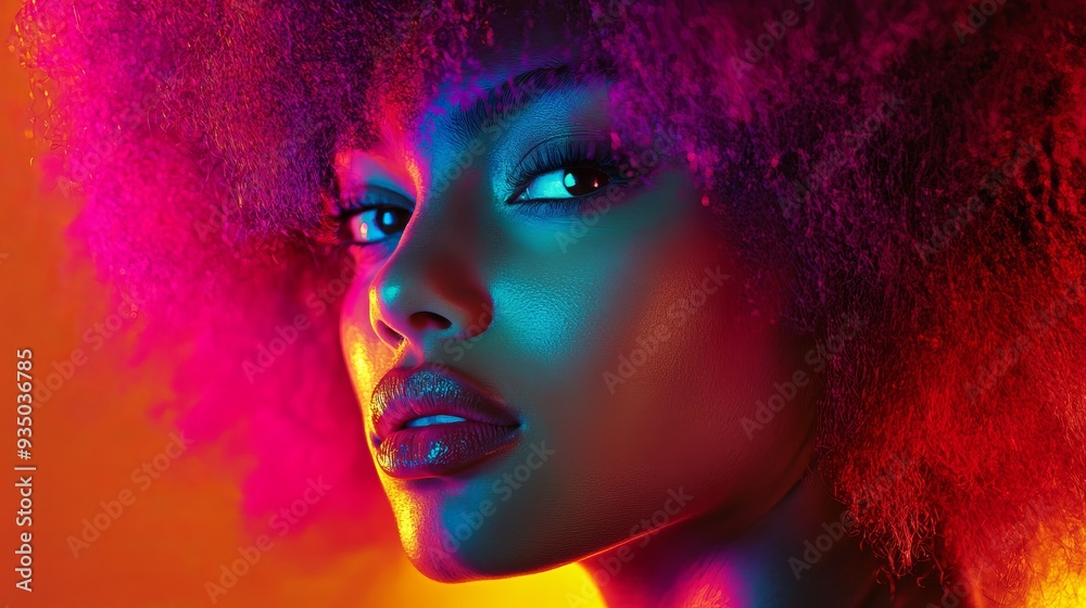 Fototapeta premium A captivating portrait featuring a woman with vibrant hair and striking makeup, illuminated by colorful lighting.