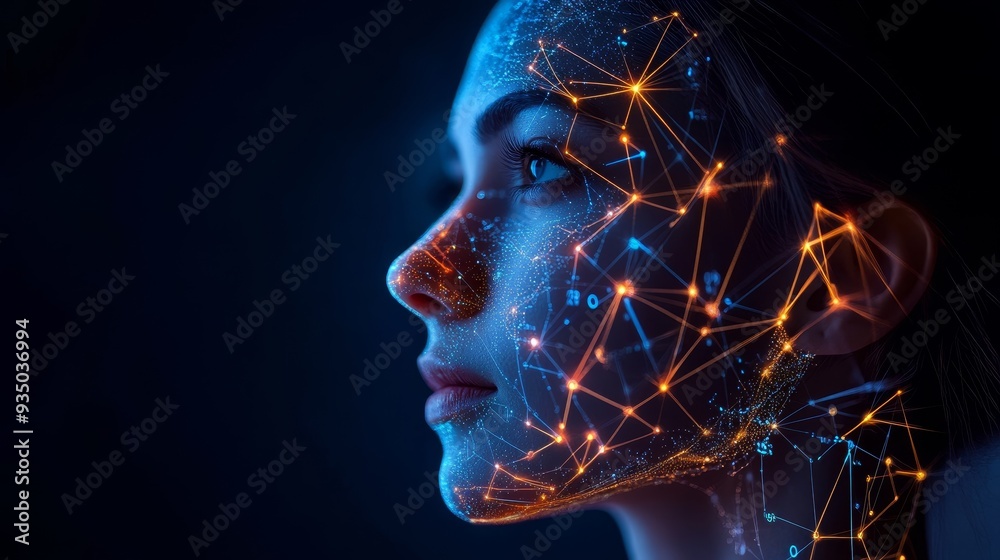 A futuristic portrayal of a woman with a glowing digital network across her face, symbolizing technology and innovation. A futuristic portrayal of a woman with a glowing digital network across her face, symbolizing technology and innovation.